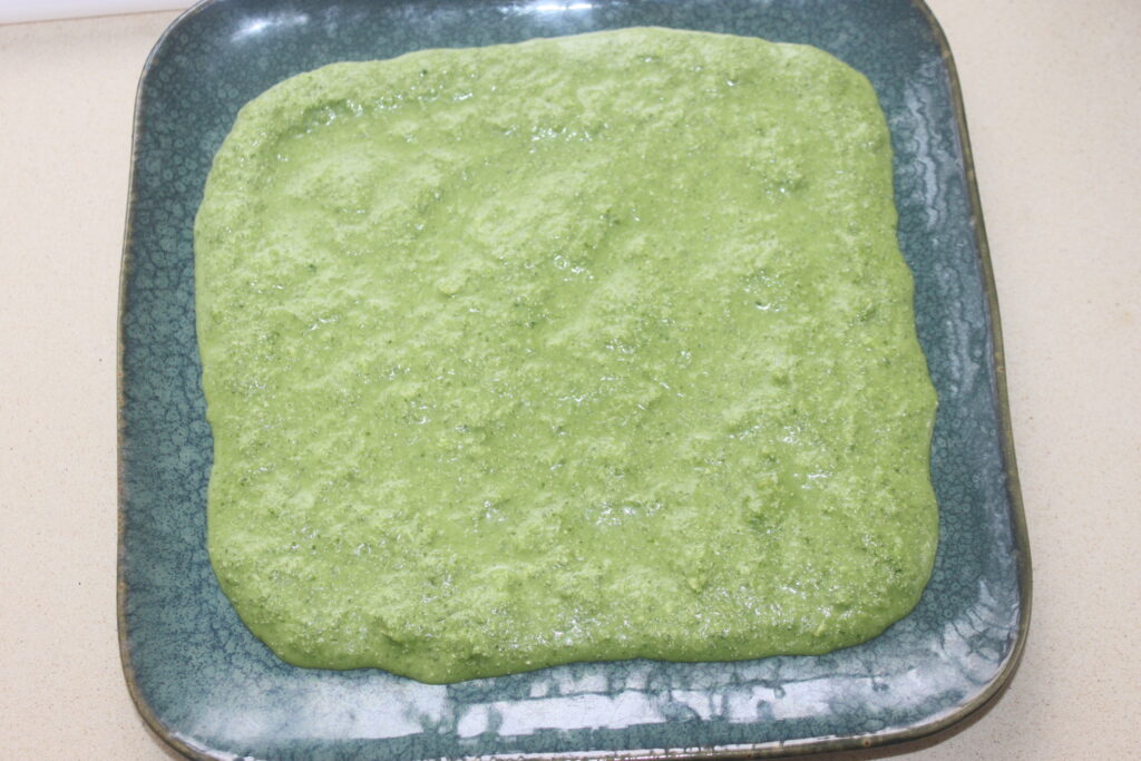 Une pâte verte texturée est étalée sur une assiette carrée en céramique vert foncé. La pâte inspirée du ceviche est épaisse et inégalement répartie dans l’assiette.