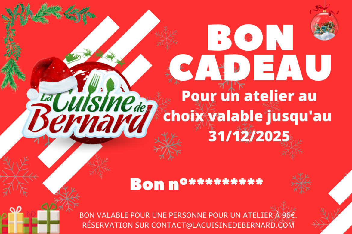 Un bon cadeau festif sur le thème des fêtes de « La Cuisine de Bernard » pour un atelier de cuisine, avec des graphismes vibrants et valable jusqu'au 31 décembre 2025. Ces ravissants cadeaux sont parfaits pour le chef en herbe de votre vie.
