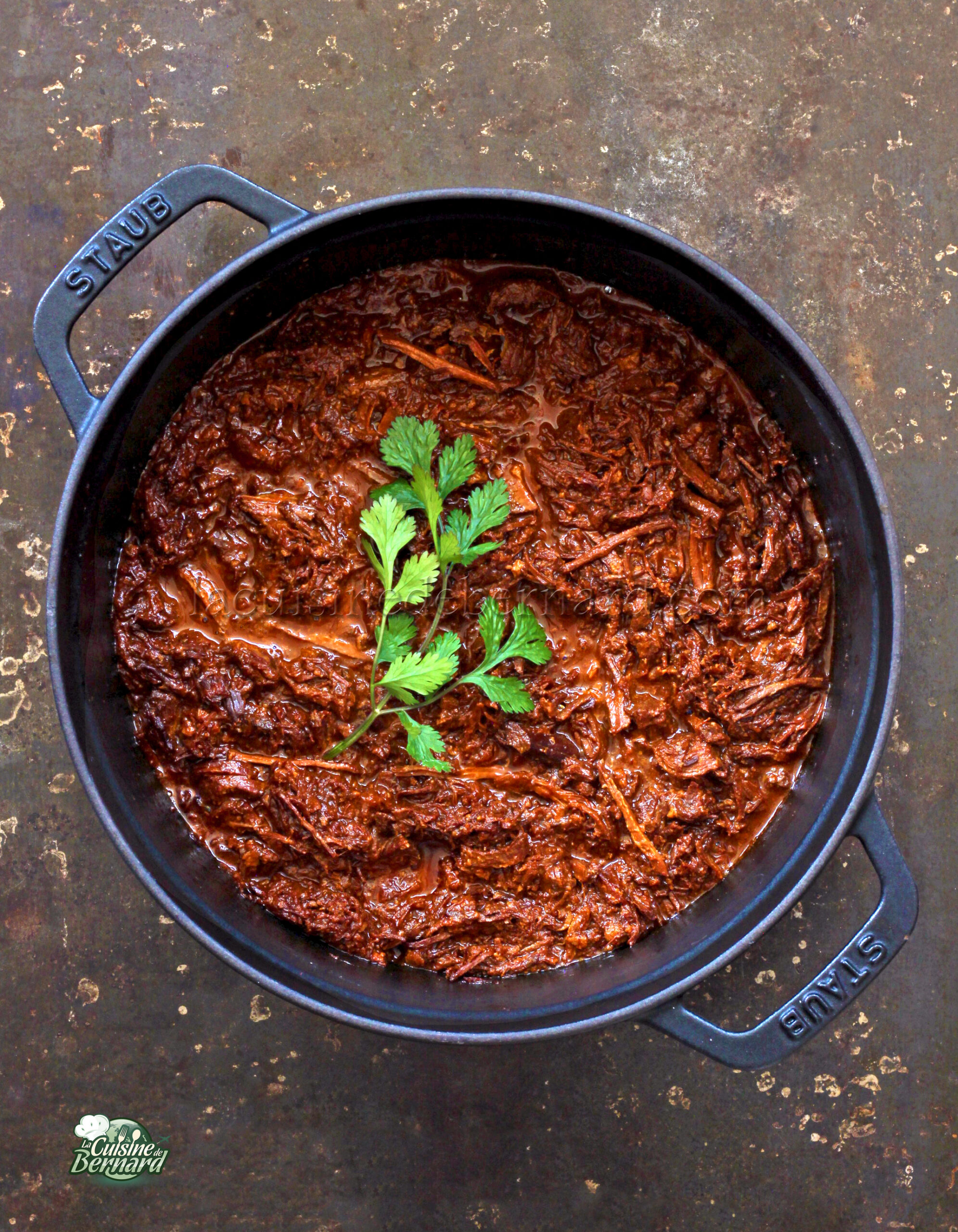 Un pot de viande effilochée dans une sauce riche et foncée, garnie d'un brin de persil, placé sur une surface sombre.